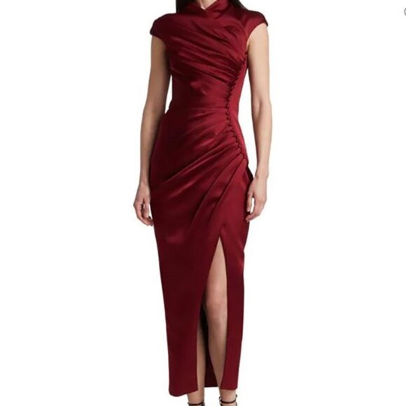 Rasario Button-Trimmed Ruched Satin Midi Dress in Wine US Size 10 - Picture 1 of 7
